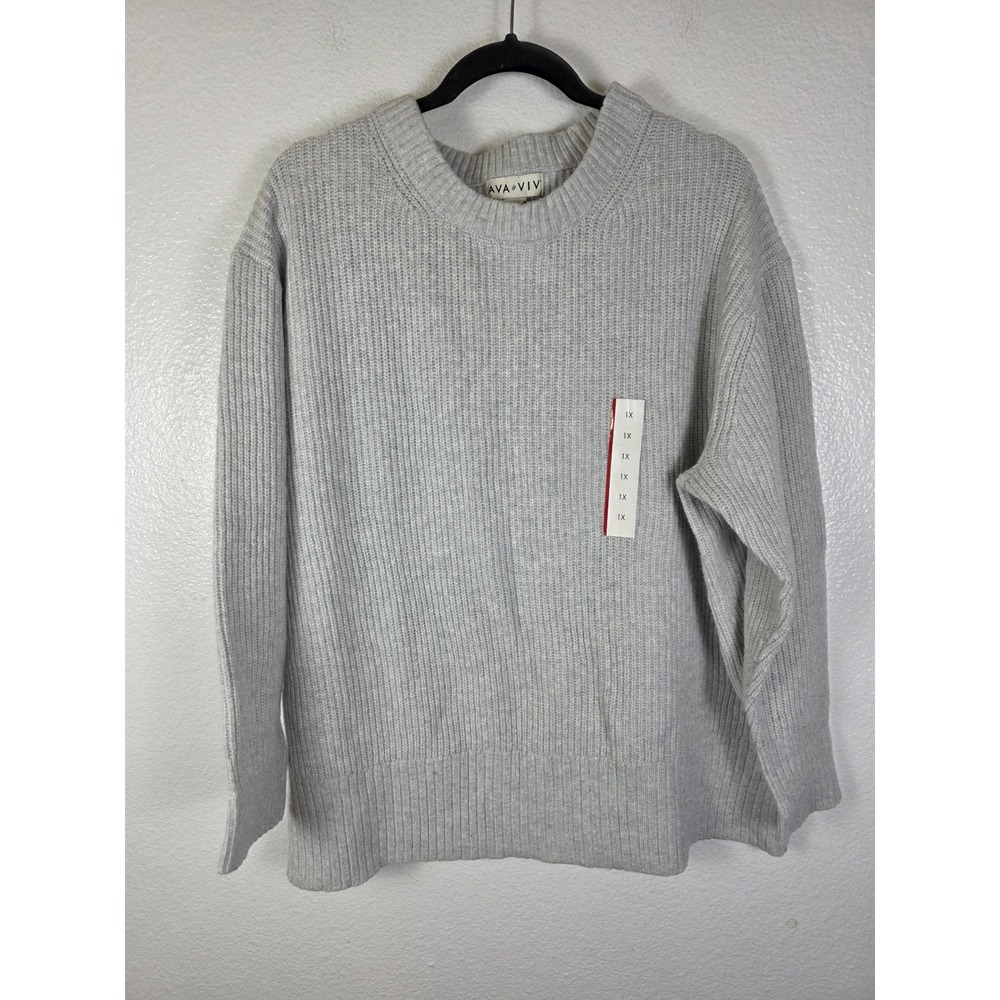 Ava & Viv Women 1X Heather Gray Ribbed Knit Crew Neck Sweater Long Sleeve Raglan